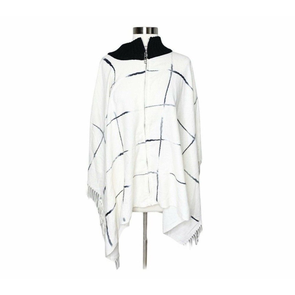 NEW DKNY Womens Window Pane Fringe Poncho Sweater White Super Soft & Cozy!